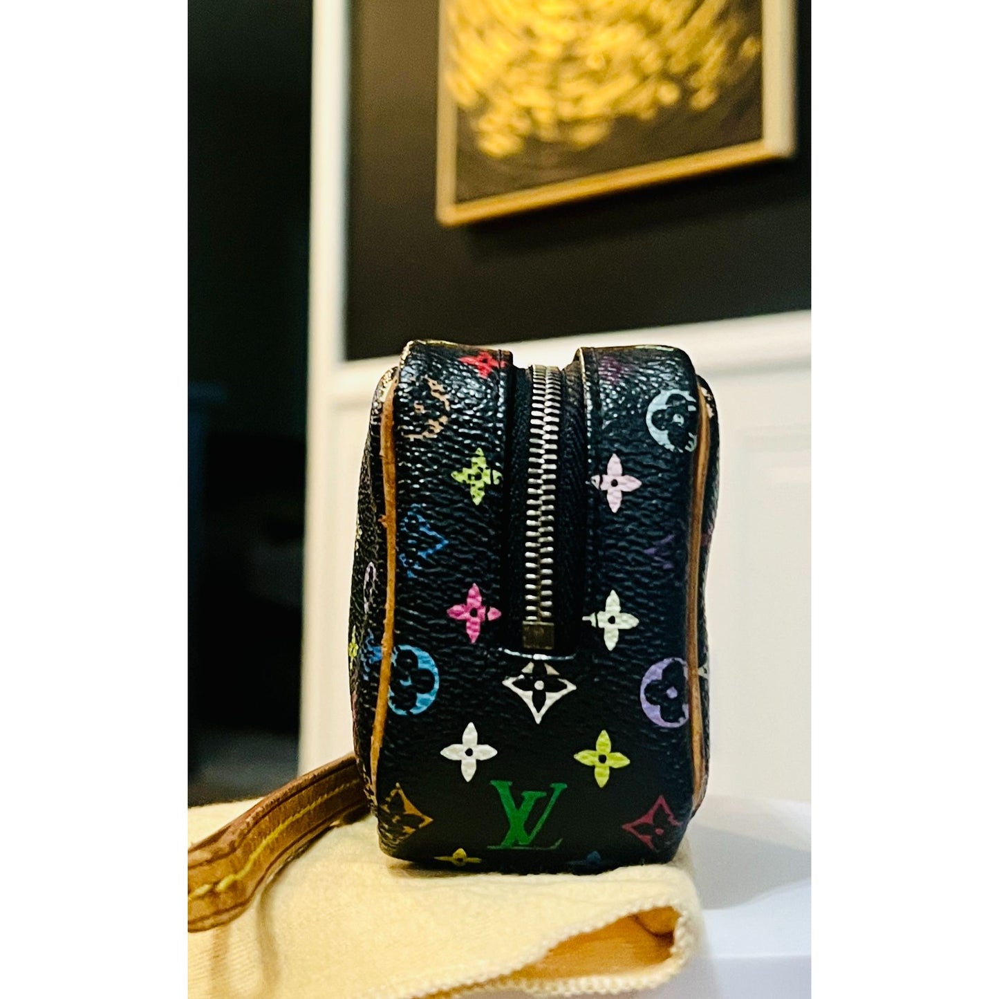 AUTHENTICATED! Louis Vuitton Takashi Murakami Black Multicolor Wapity Case Pouch