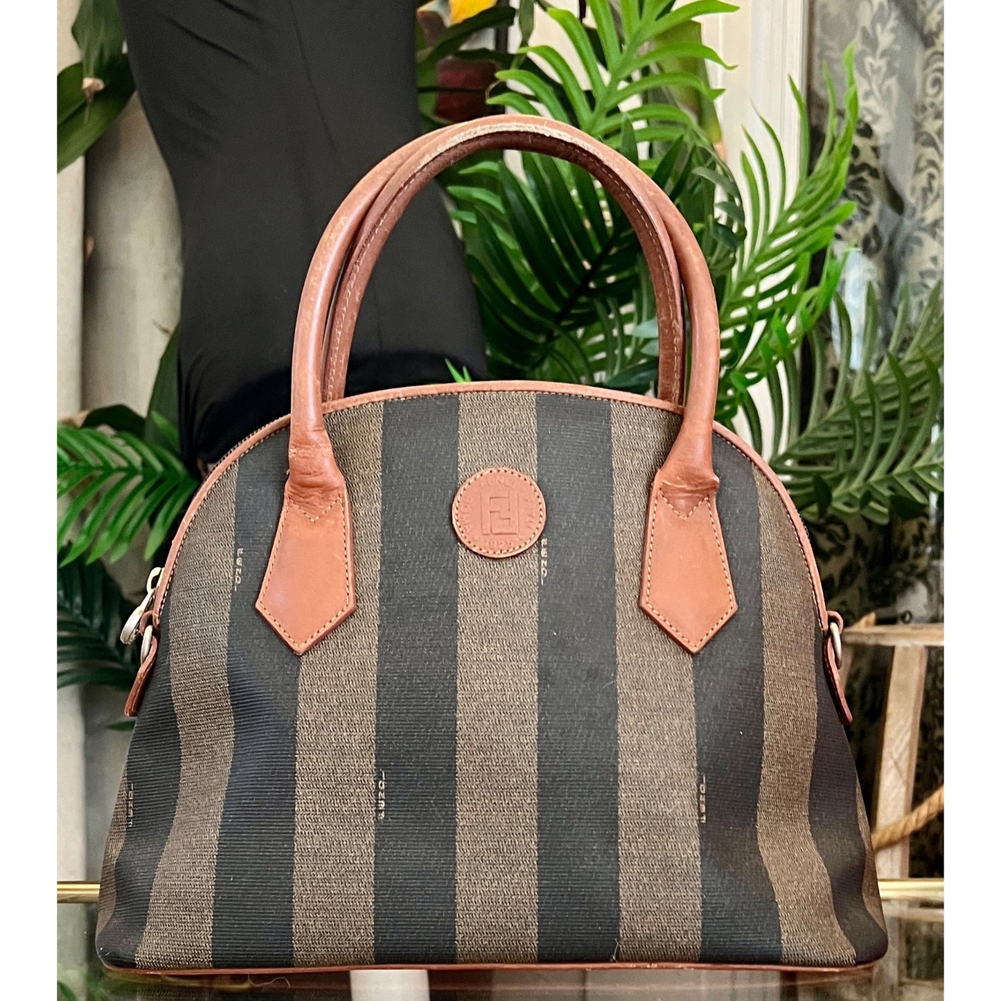 Vintage Fendi Zucca Striped Canvas & Leather Handbag