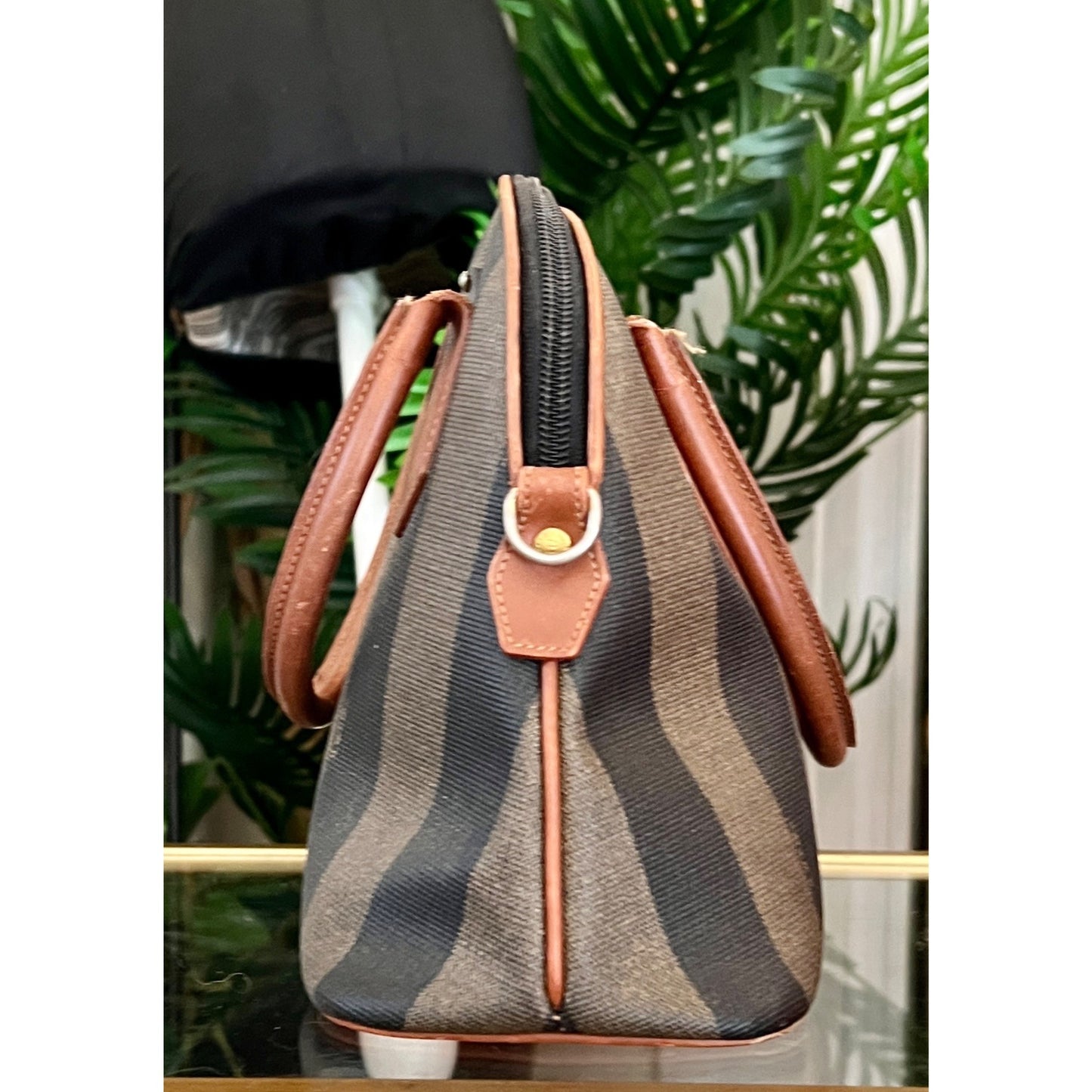Vintage Fendi Zucca Striped Canvas & Leather Handbag