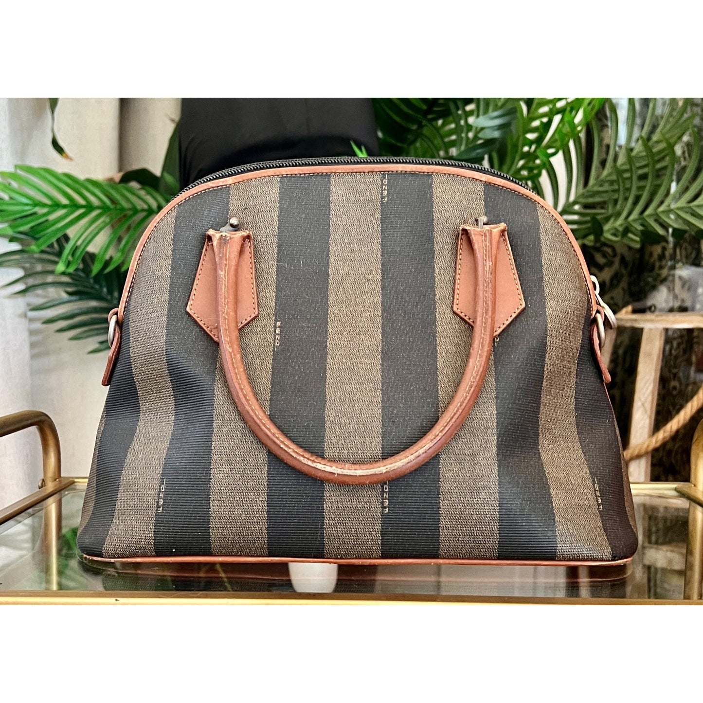 Vintage Fendi Zucca Striped Canvas & Leather Handbag
