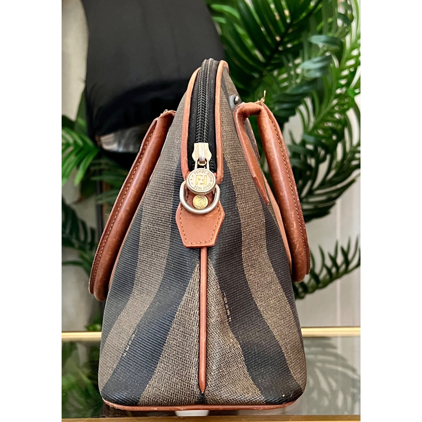 Vintage Fendi Zucca Striped Canvas & Leather Handbag