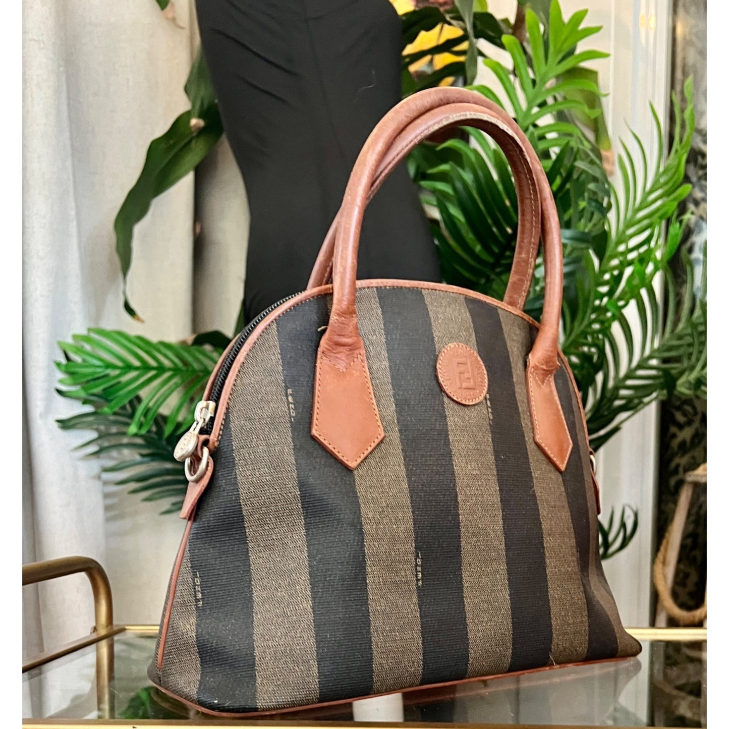 Vintage Fendi Zucca Striped Canvas & Leather Handbag