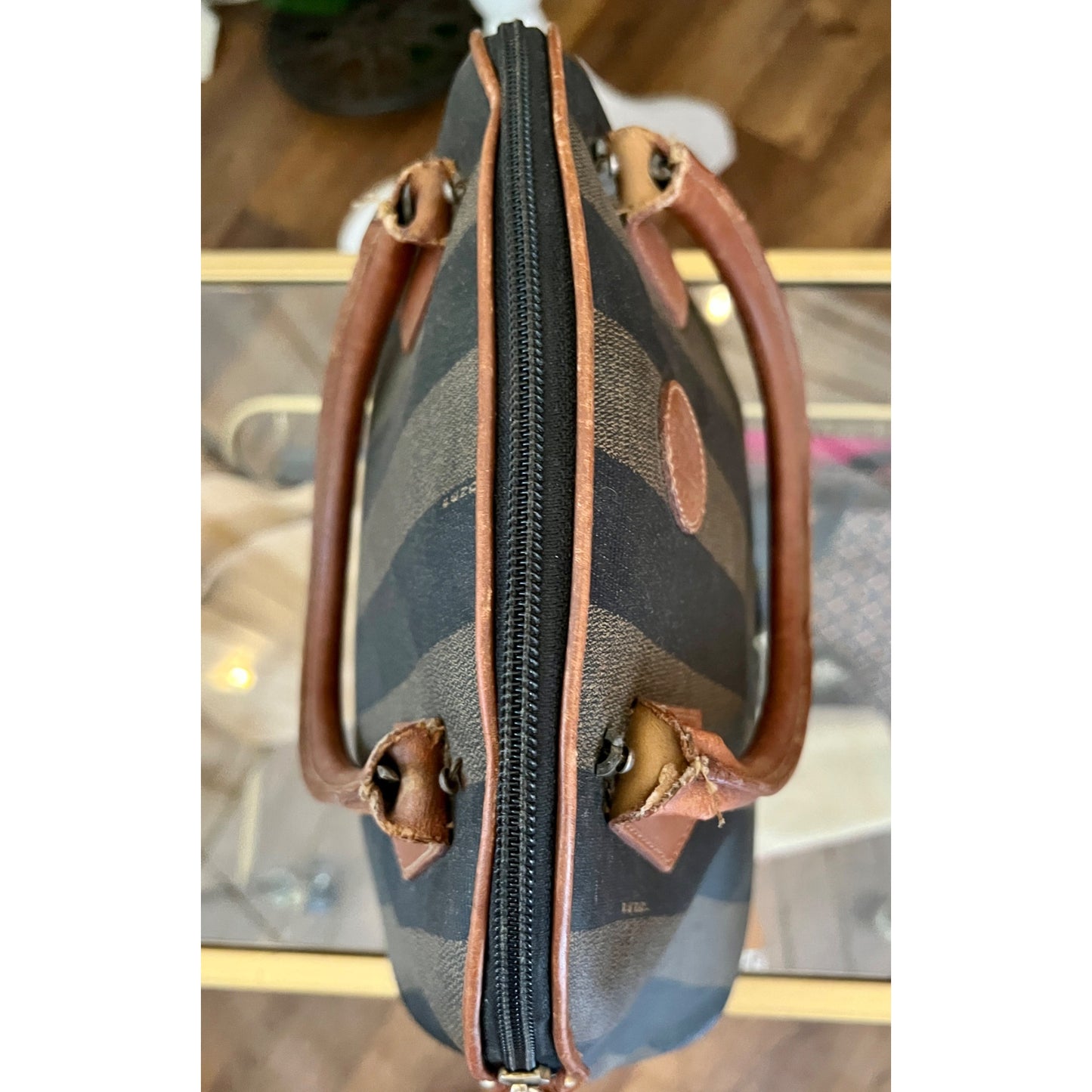 Vintage Fendi Zucca Striped Canvas & Leather Handbag