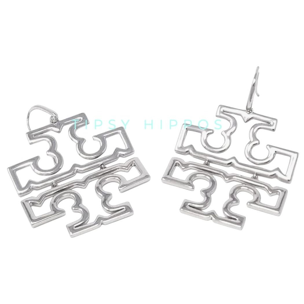 Tory Burch Silver Britten Logo Drop Hoop Earrings