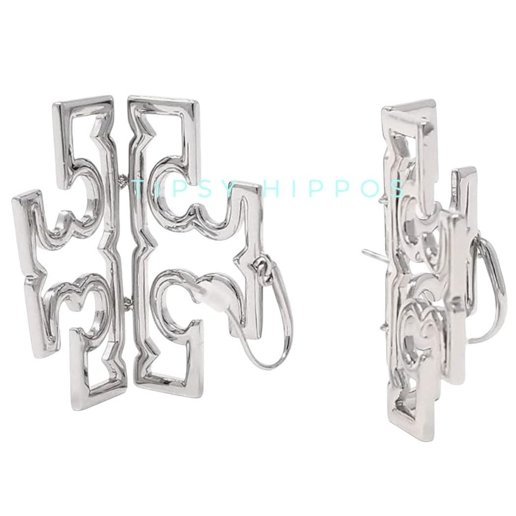 Tory Burch Silver Britten Logo Drop Hoop Earrings
