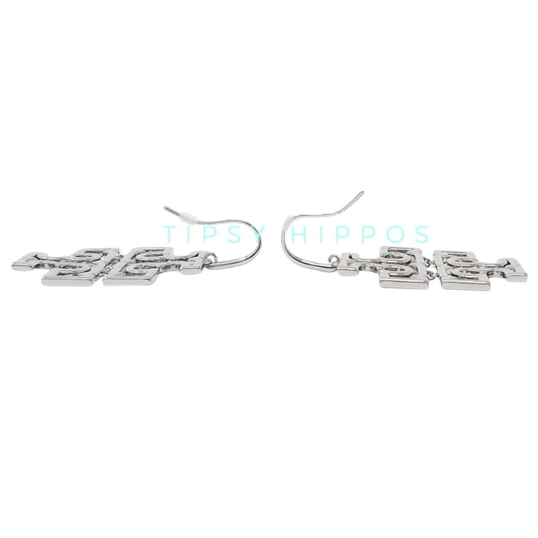 Tory Burch Silver Britten Logo Drop Hoop Earrings
