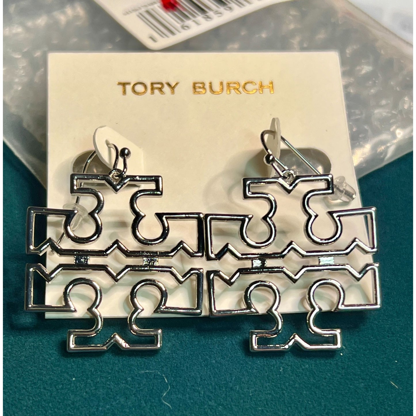Tory Burch Silver Britten Logo Drop Hoop Earrings