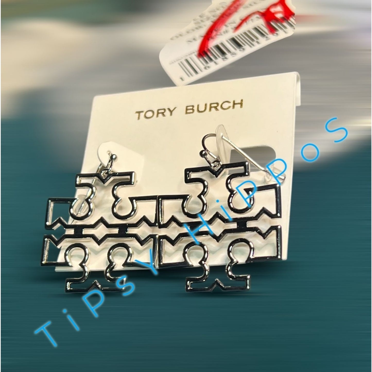 Tory Burch Silver Britten Logo Drop Hoop Earrings