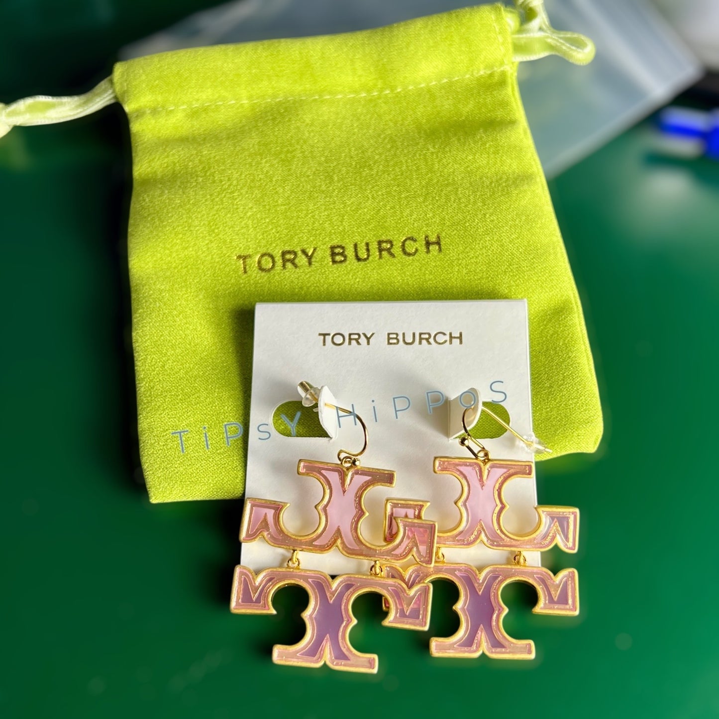 NEW!  Tory Burch Pink and Gold Britten Hoop Earrings