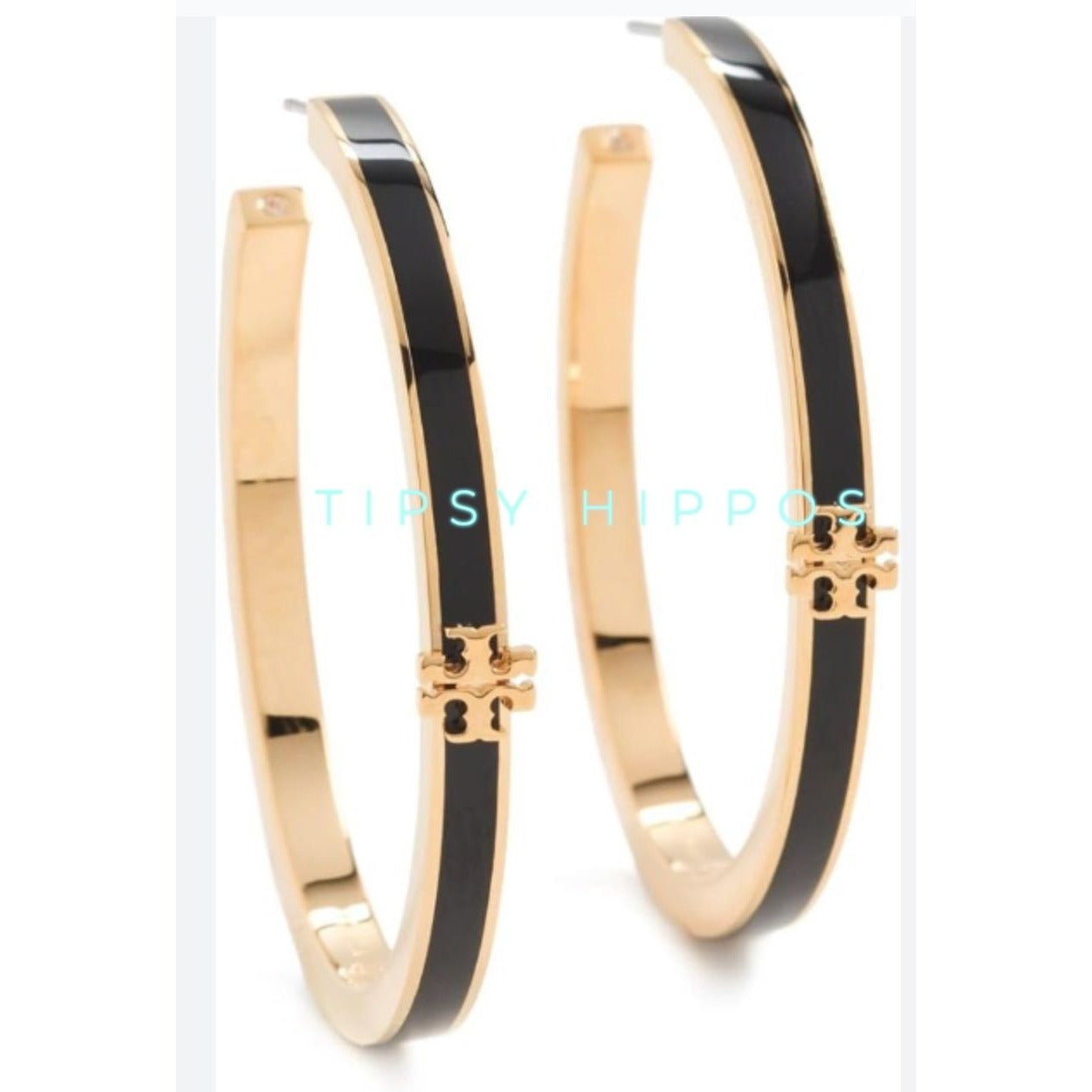 TORY BURCH BLACK AND GOLD KIRA ENAMEL HOP EARRINGS ✺✺