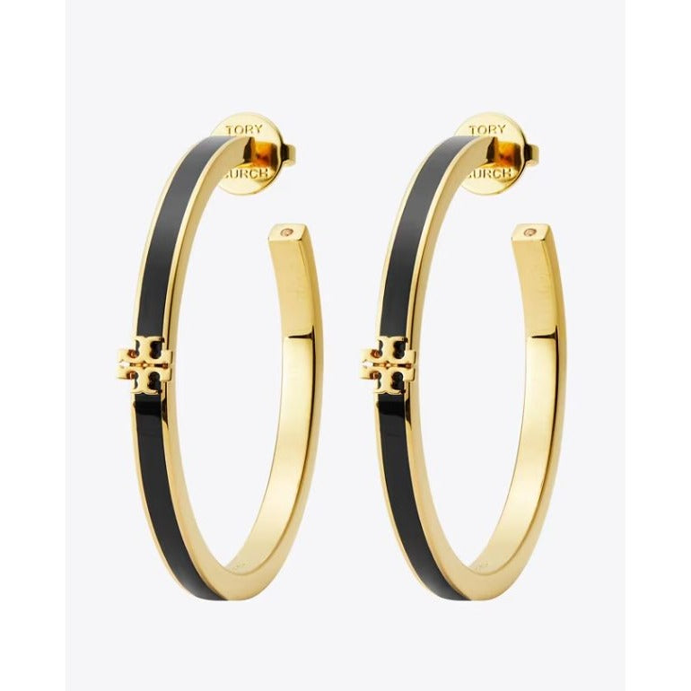 TORY BURCH BLACK AND GOLD KIRA ENAMEL HOP EARRINGS ✺✺
