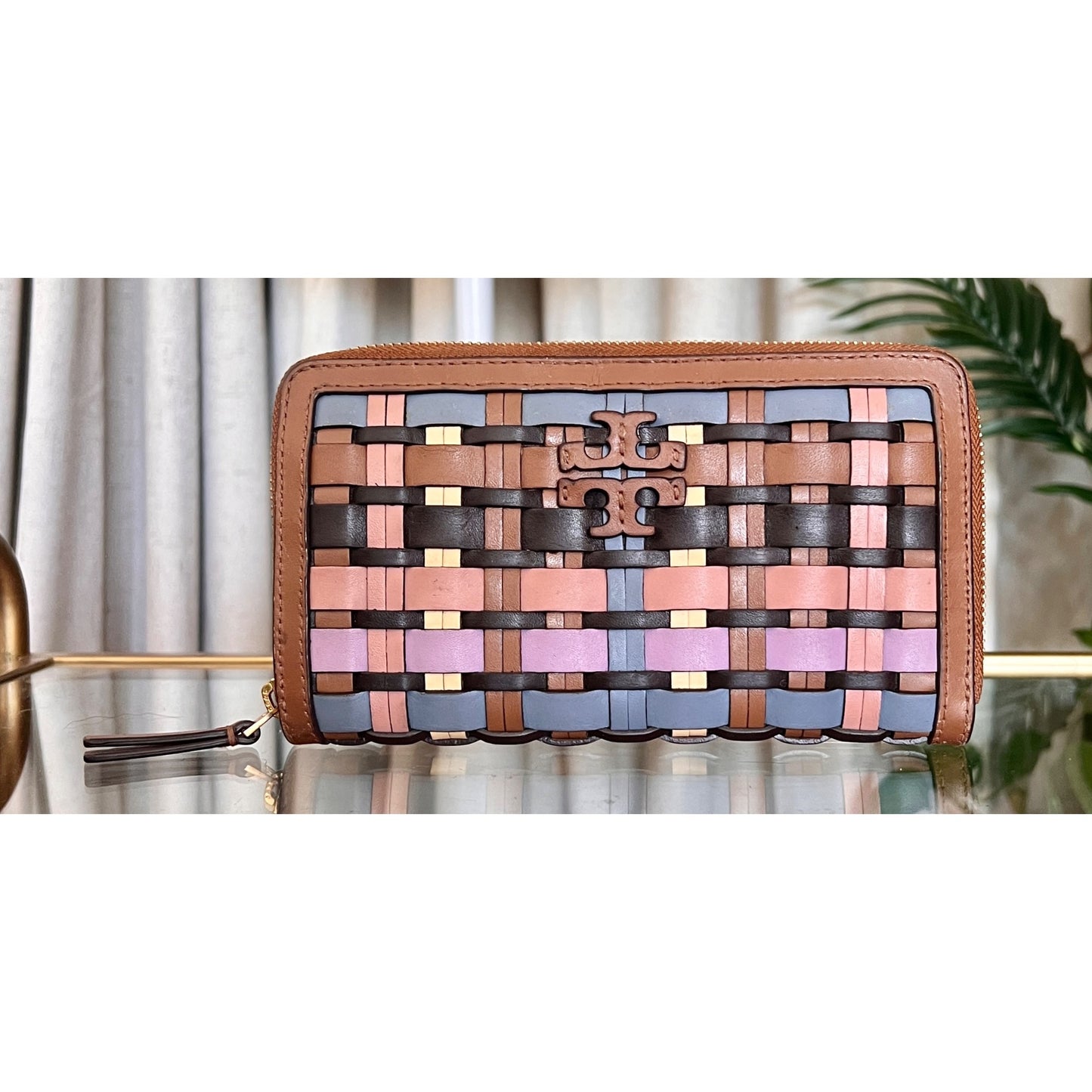 Tory Burch Womens Woven Leather Zip Wallet Multicolor Compact Design Brown Pink Blue Gold Details
