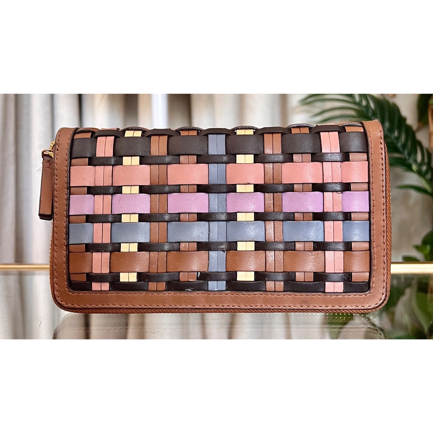 Tory Burch Womens Woven Leather Zip Wallet Multicolor Compact Design Brown Pink Blue Gold Details