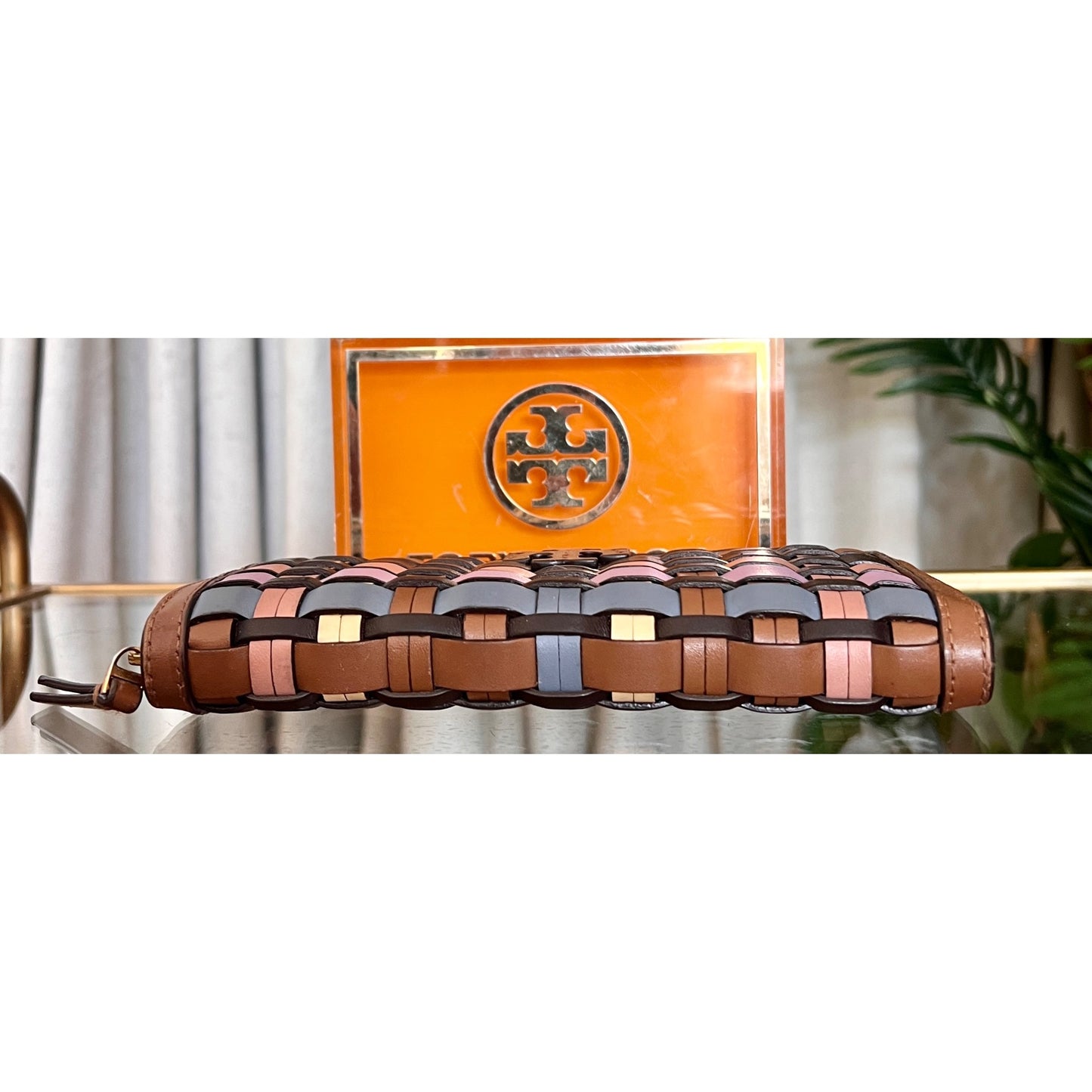 Tory Burch Womens Woven Leather Zip Wallet Multicolor Compact Design Brown Pink Blue Gold Details