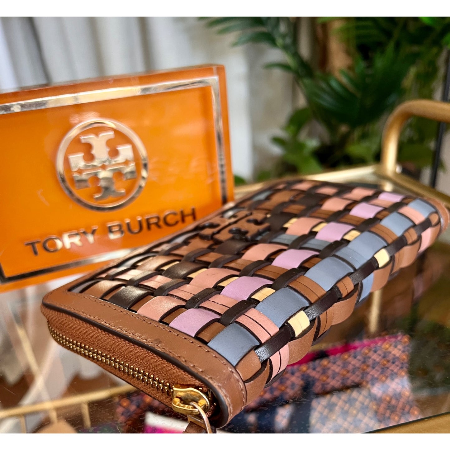 Tory Burch Womens Woven Leather Zip Wallet Multicolor Compact Design Brown Pink Blue Gold Details