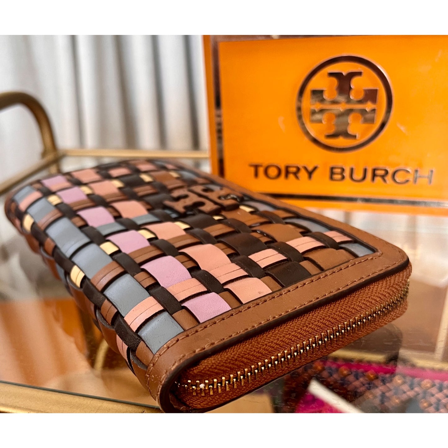 Tory Burch Womens Woven Leather Zip Wallet Multicolor Compact Design Brown Pink Blue Gold Details