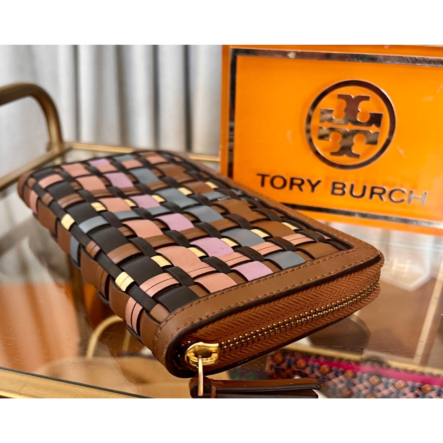 Tory Burch Womens Woven Leather Zip Wallet Multicolor Compact Design Brown Pink Blue Gold Details