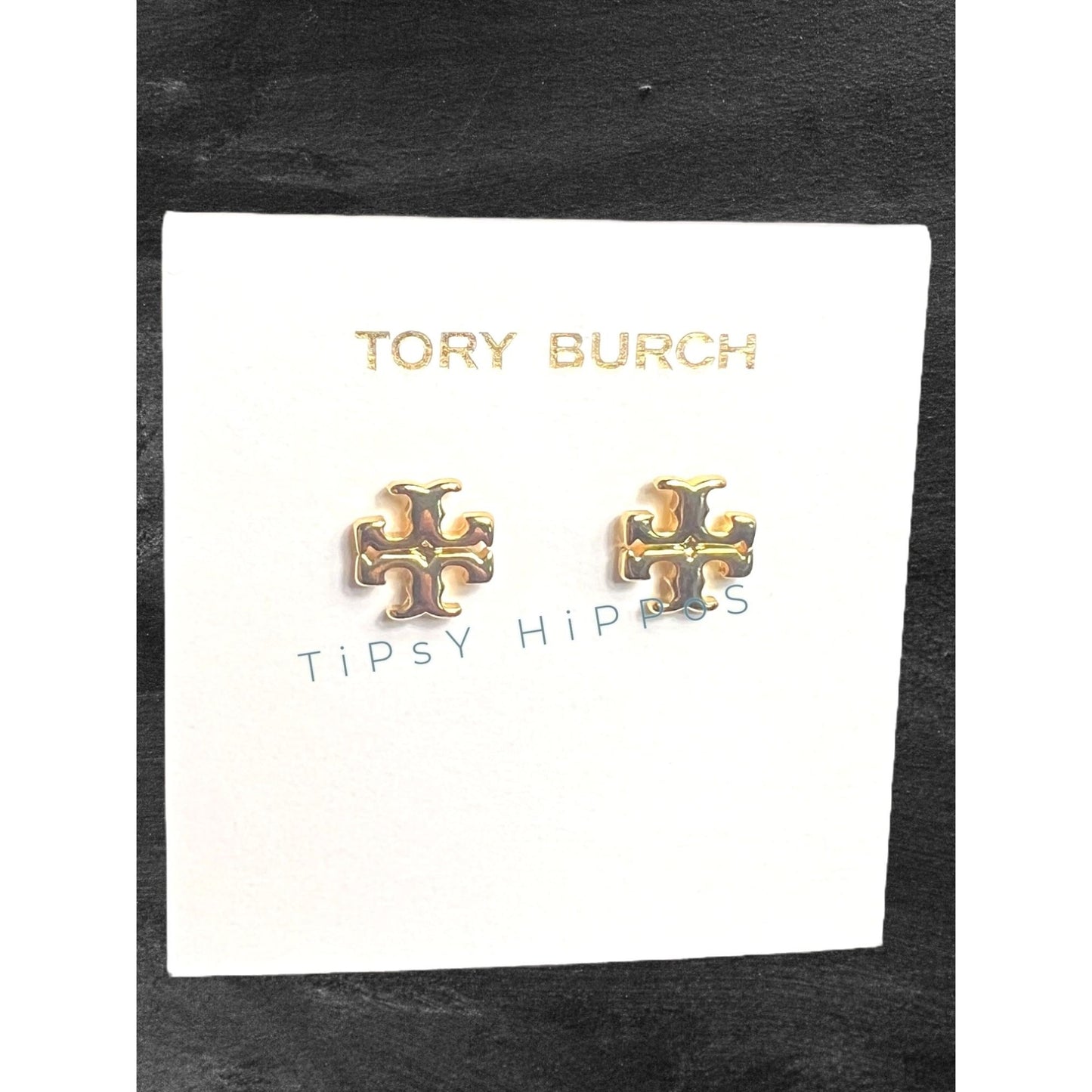 both. Tory Burch Gold Kira Logo Stud Earrings