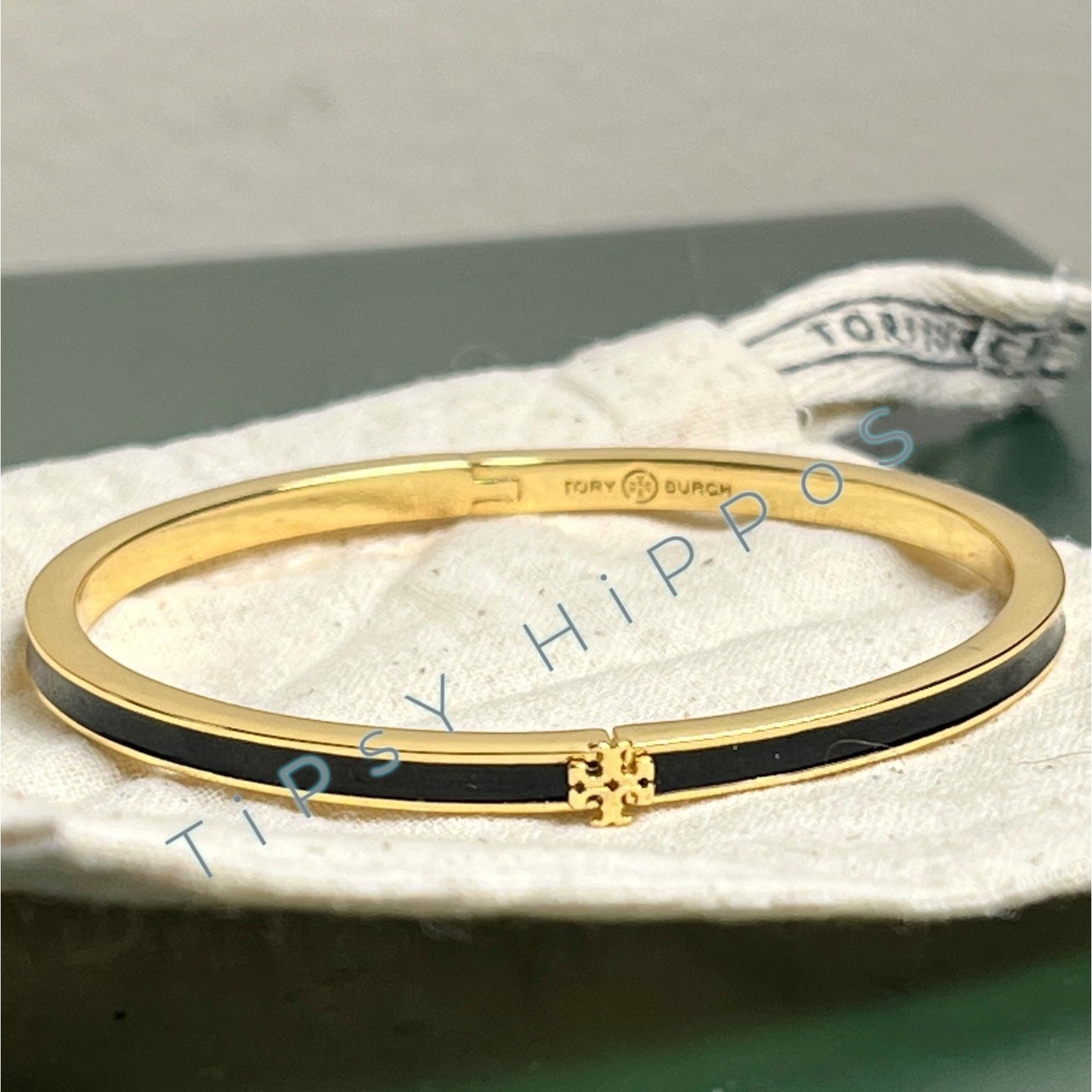 TORY BURCH BLACK AND GOLD KIRA THIN BANGLE BRACELET