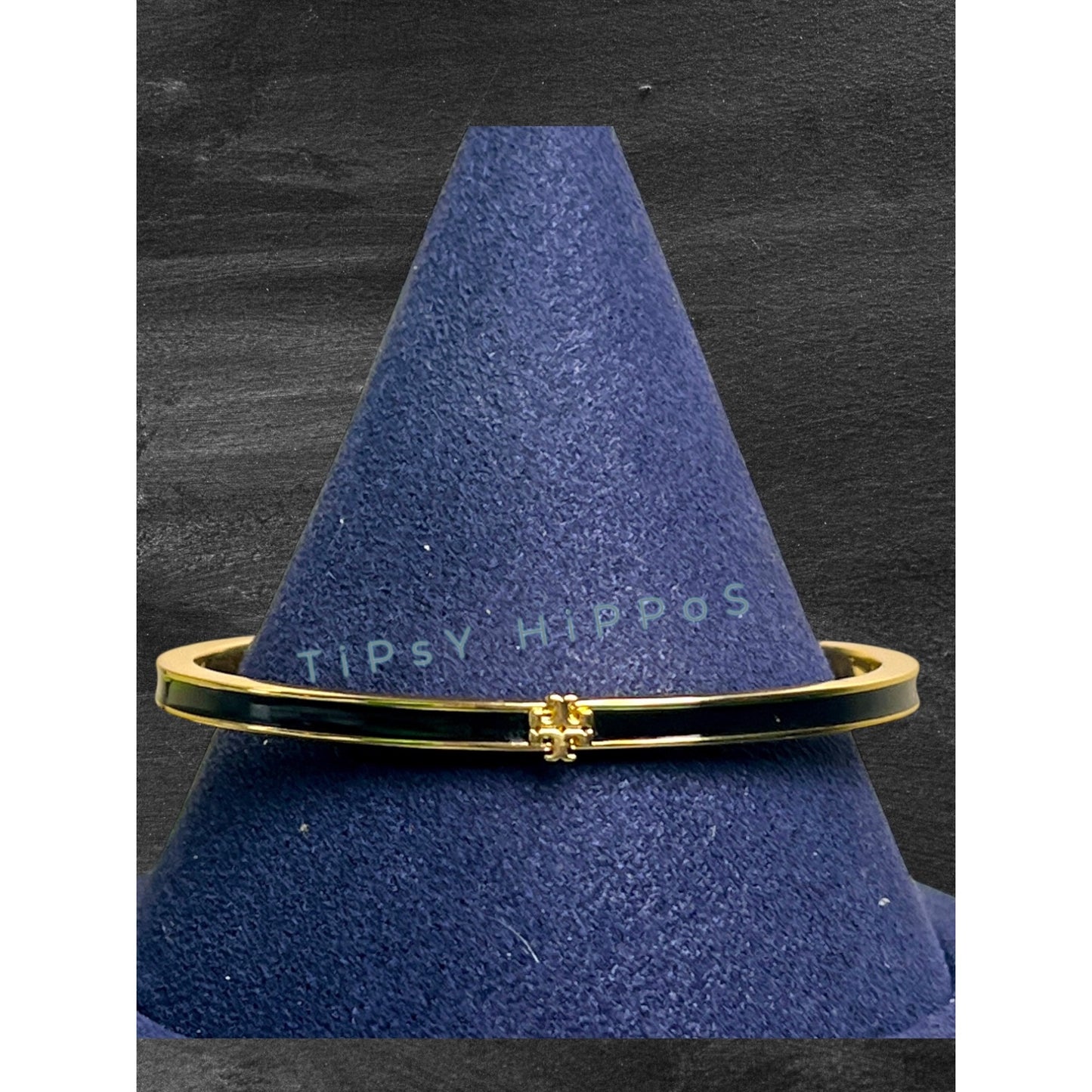 TORY BURCH BLACK AND GOLD KIRA THIN BANGLE BRACELET