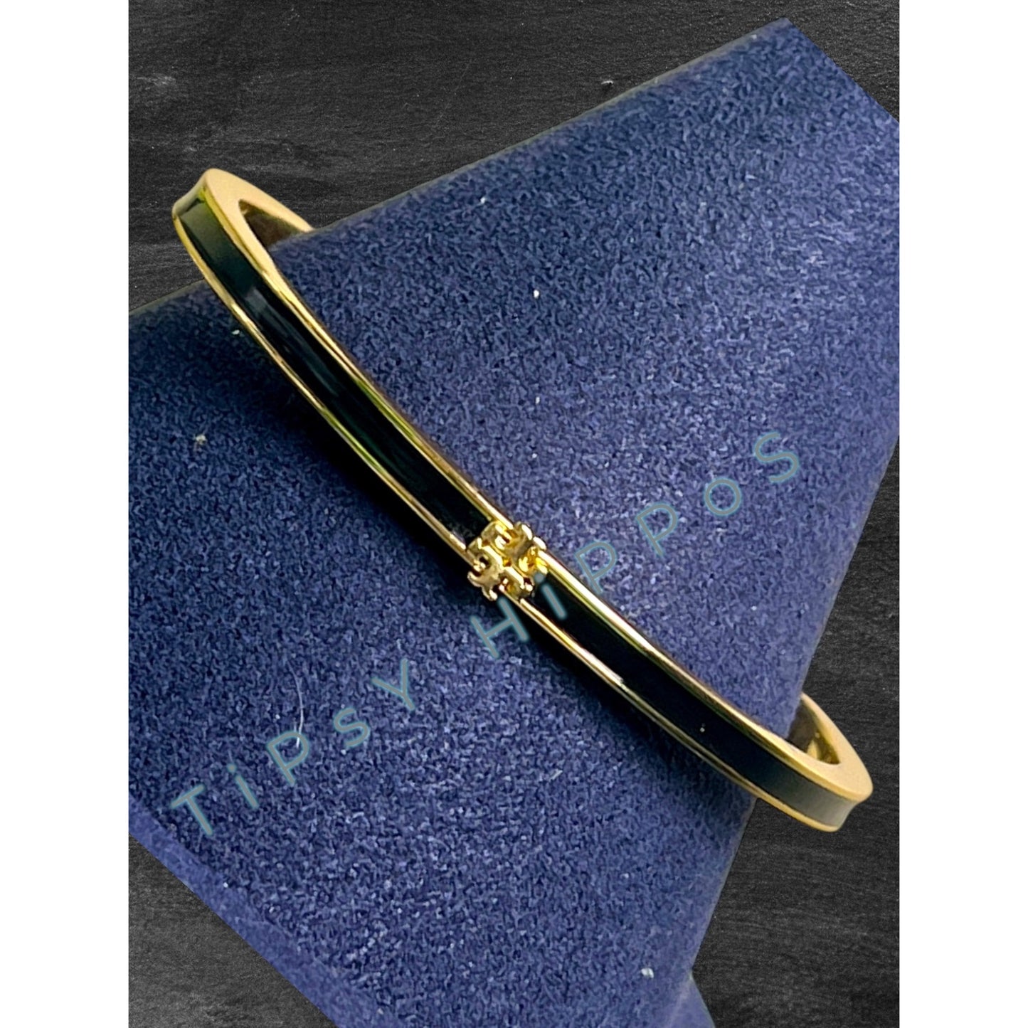 TORY BURCH BLACK AND GOLD KIRA THIN BANGLE BRACELET