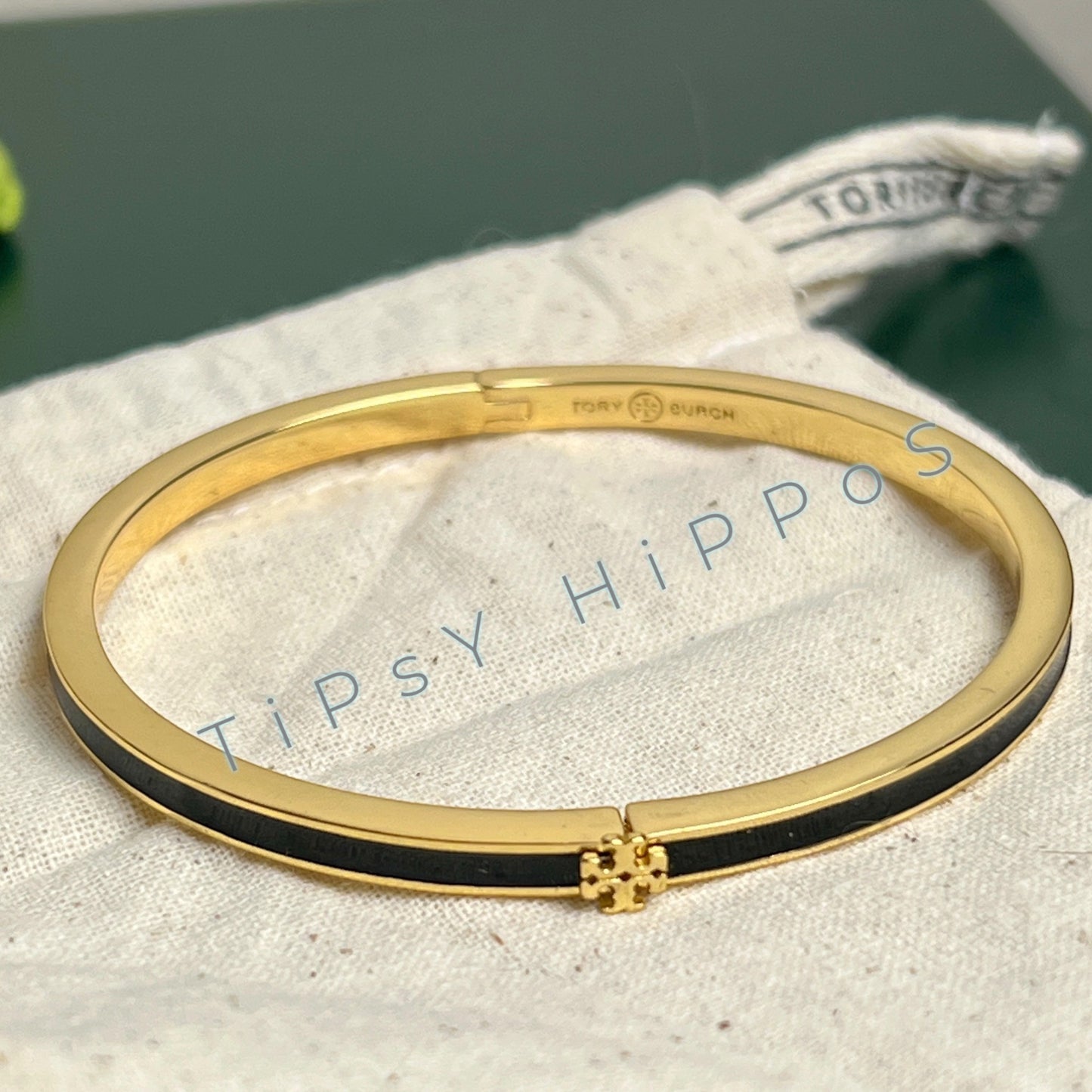 TORY BURCH BLACK AND GOLD KIRA THIN BANGLE BRACELET