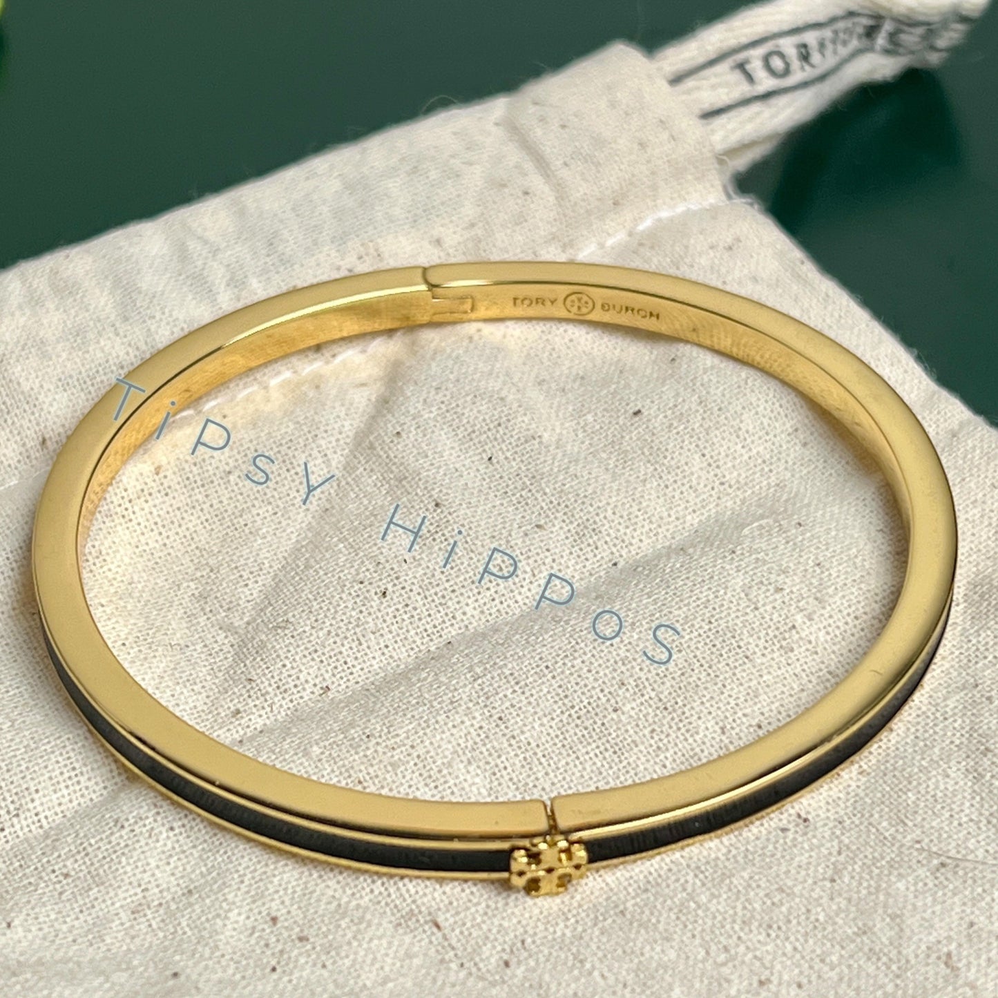 TORY BURCH BLACK AND GOLD KIRA THIN BANGLE BRACELET